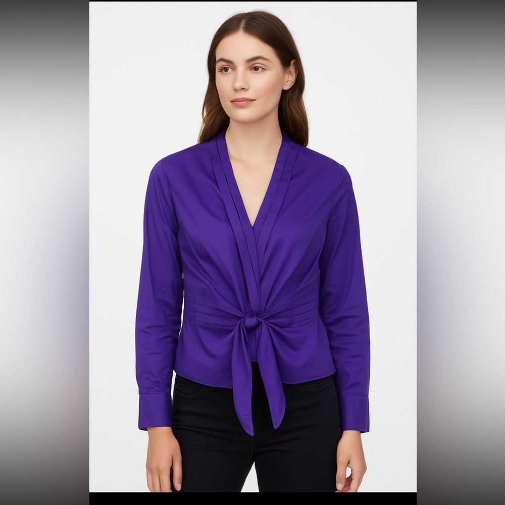 Jones New York Signature Purple Tie-Front Blouse | Size Large | 100% Cotton